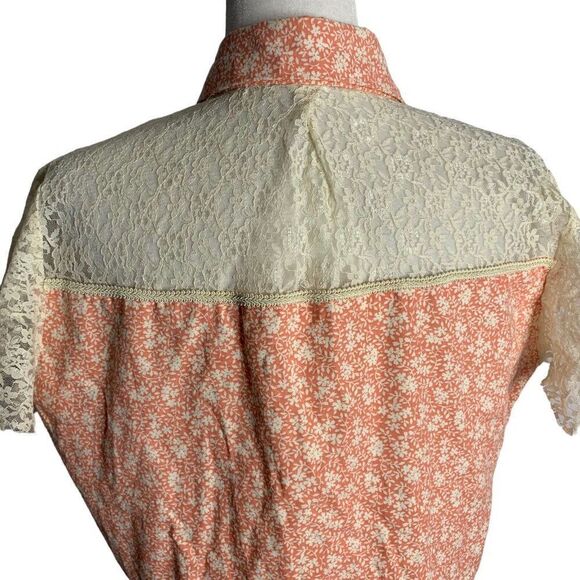 Vintage Lace Yoke Mini Shirt Dress Womens M Pink Floral Country Western - Picture 6 of 7